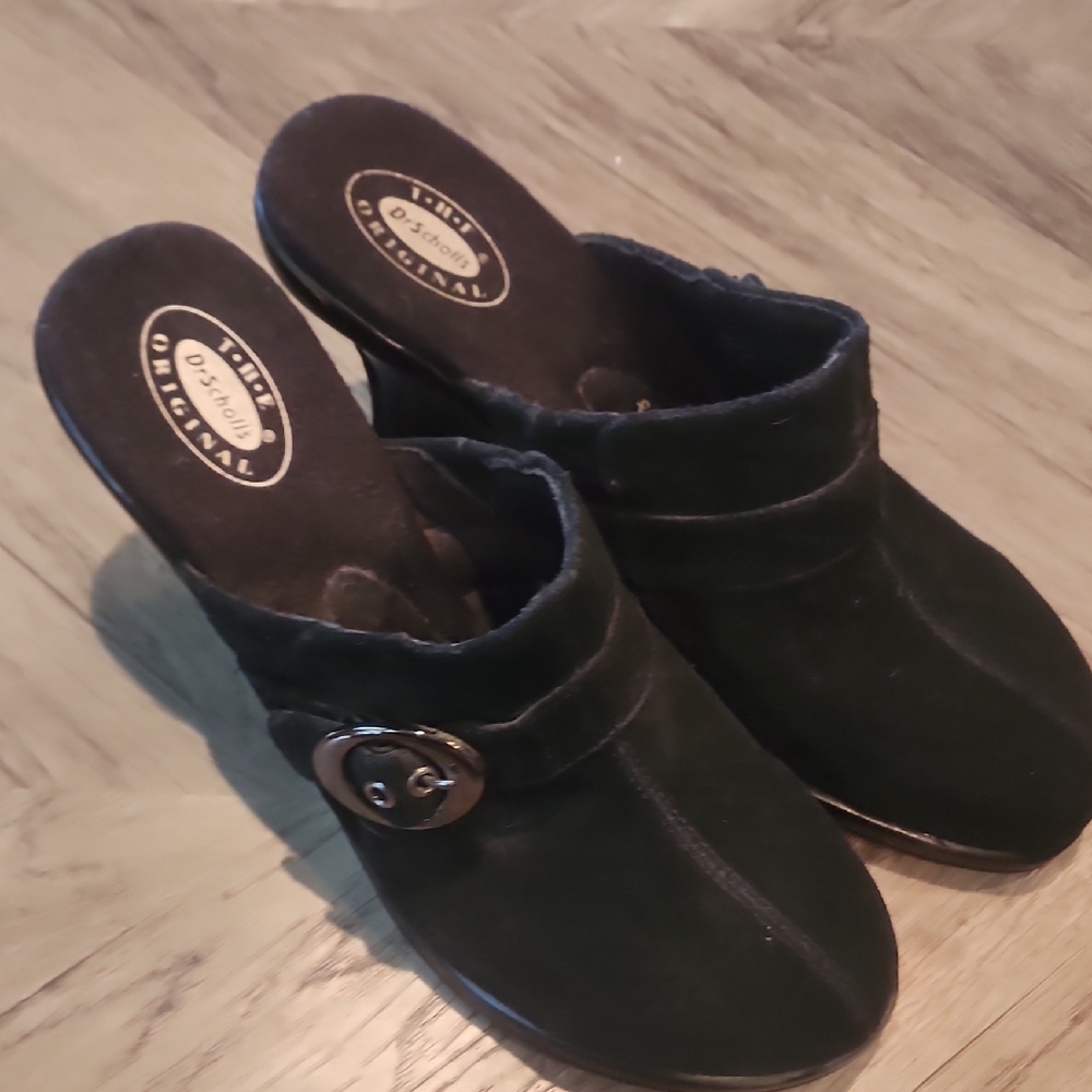 Dr. Scholl's Black Suede Mules with Metal Accent